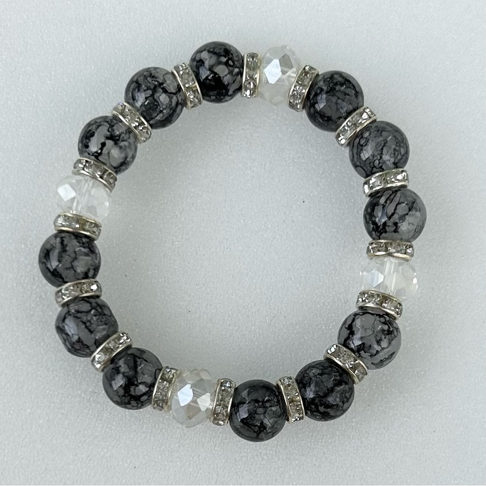Gray Glass Beads 10mm Stretch Bracelet Rhinestone Rondelle Spacers